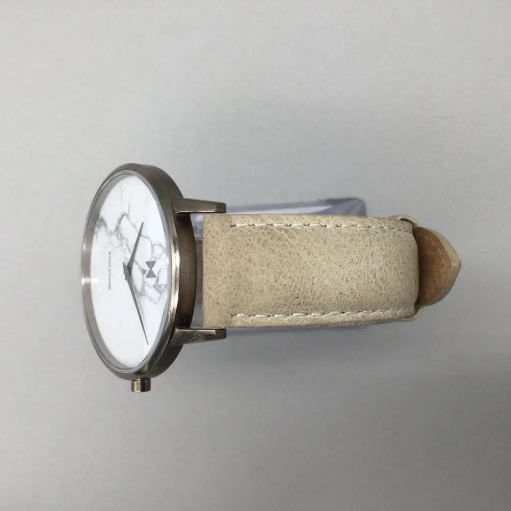 MVMT Crescent Marble Watch Men 38mm Silver Tone Tan Leather Band New Battery